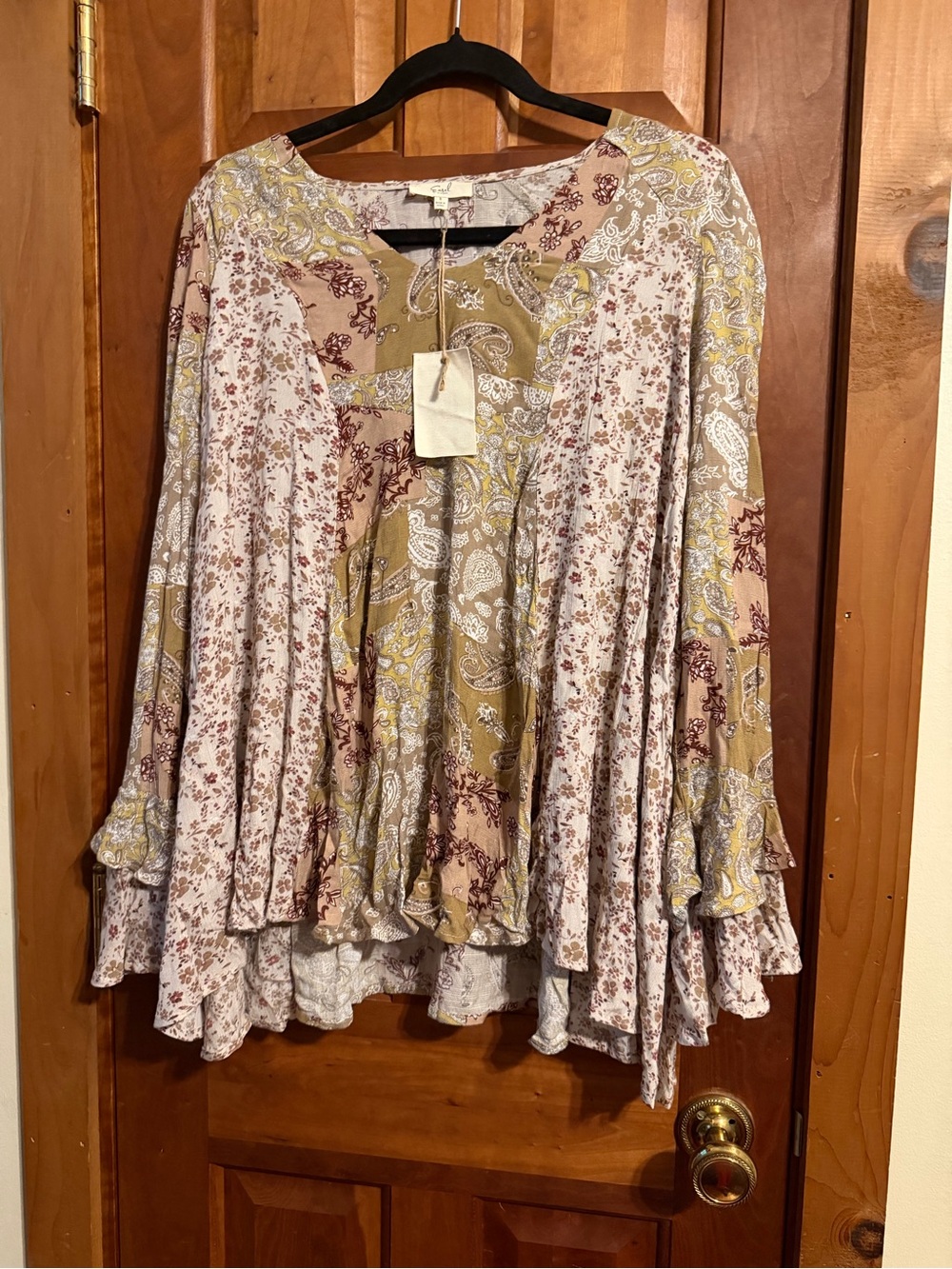 easel Mixed Paisley & Floral Ruffle Hem Tunic - Taupe, Mustard & Cream